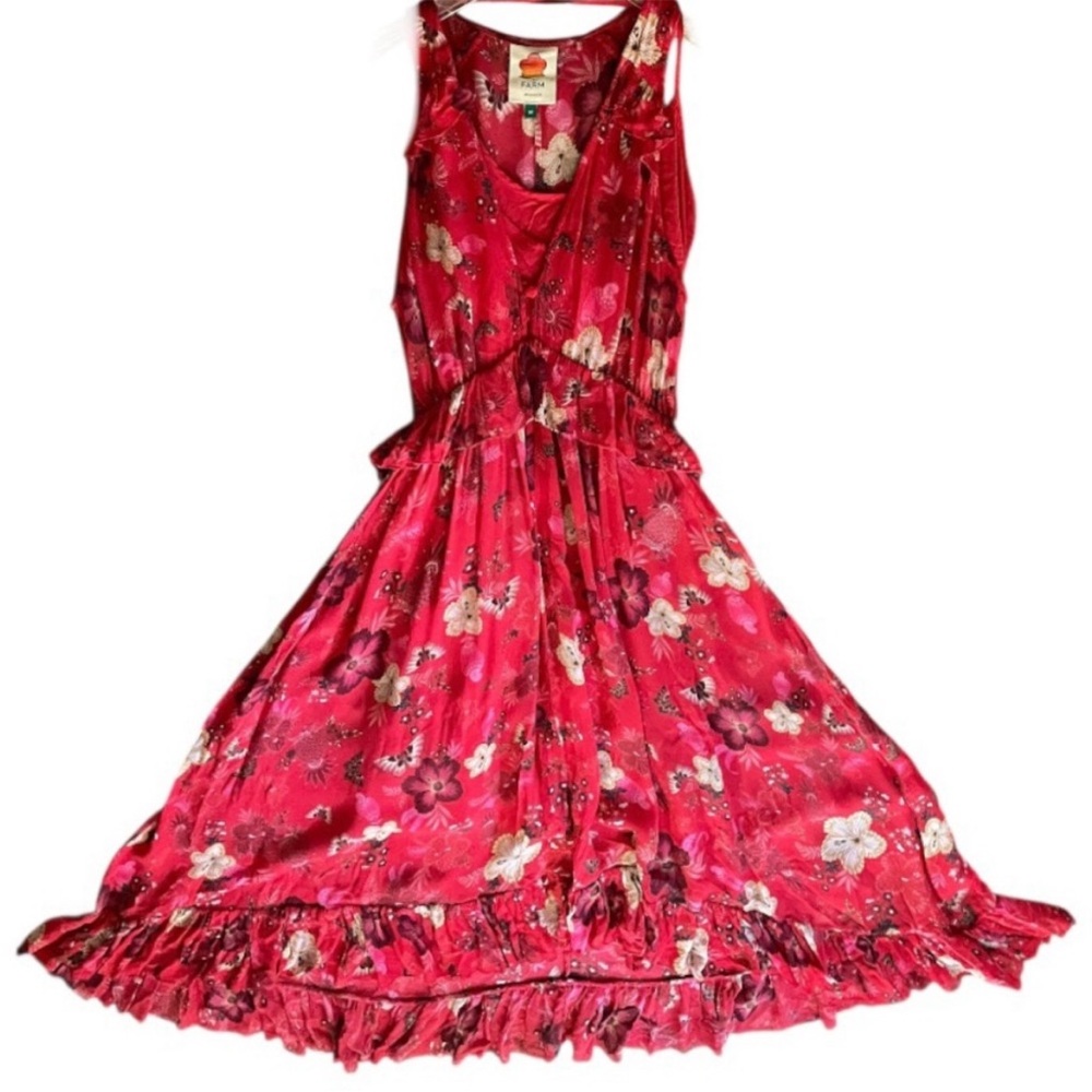 Farm Rio Flor De Luz Sleeveless Dress With Frills Red M